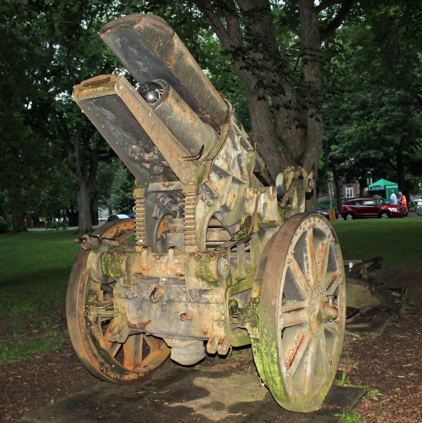 Morser no. 85 was captured by the 42nd Battalion (Royal Highlanders of Canada) South-East of Demuin during the Amiens Offensive, Aug. 8th, 1918.  The relevant war diary notes that three of these guns were firing point-blank at the 42nd, who charged them and overwhelmed their crews. Photo by Author