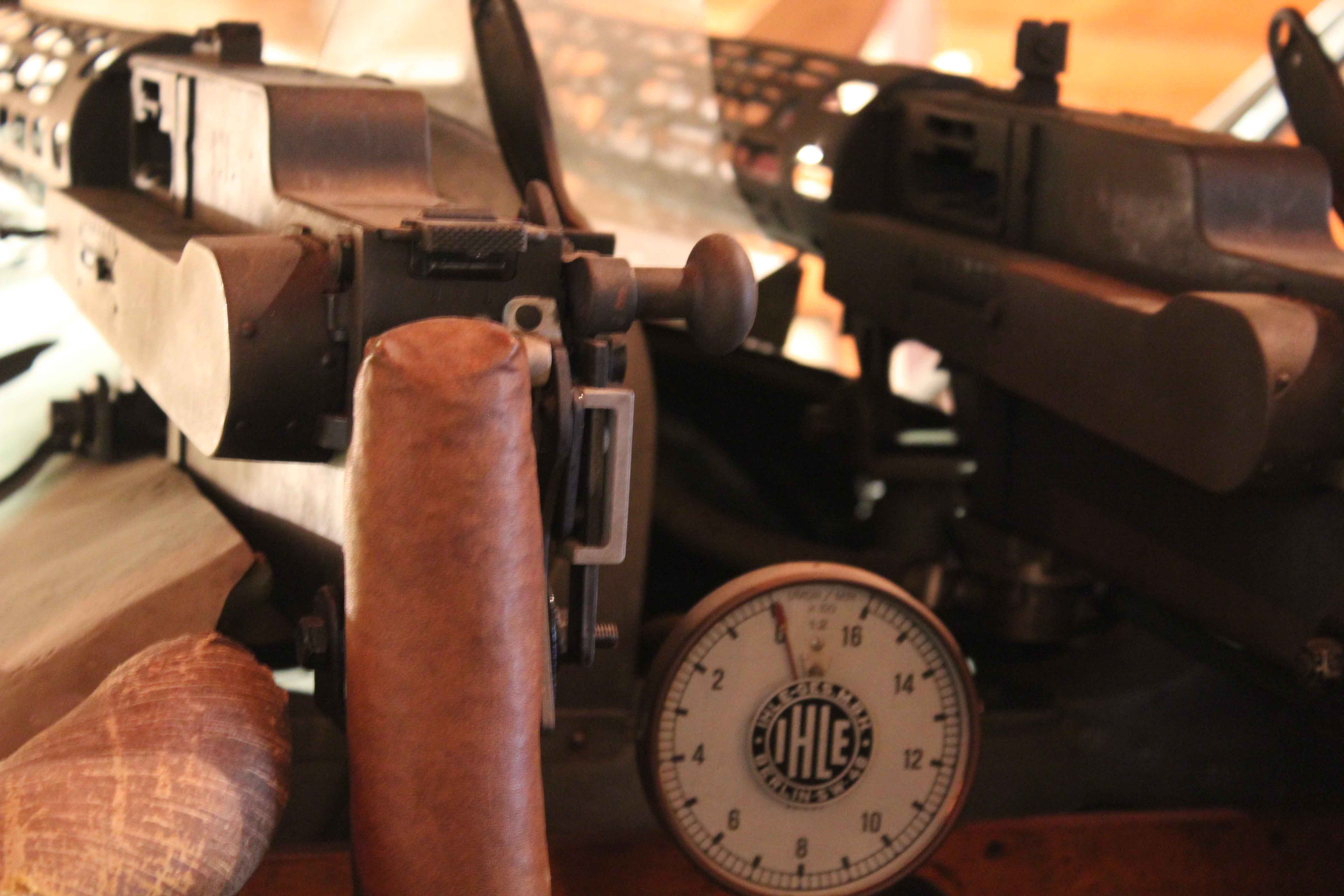 View looking forward in the cockpit of the Fokker DVII, German First World War biplane, with two LMG 08/15 Machine Guns.