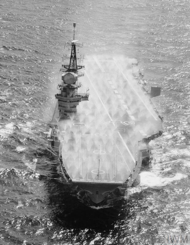 HMS HERMES PREPARED IN CASE OF FALL OUT. JUNE 1966, AERIAL PHOTO AT SEA DURING WORKING UP OF THE CARRIER AFTER HMS HERMES' LONG REFIT.